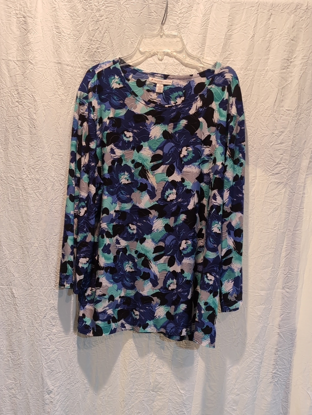 Plus Size JM Collection Floral Scoop Neck Long Sleeve Top - Blue, Teal, Black